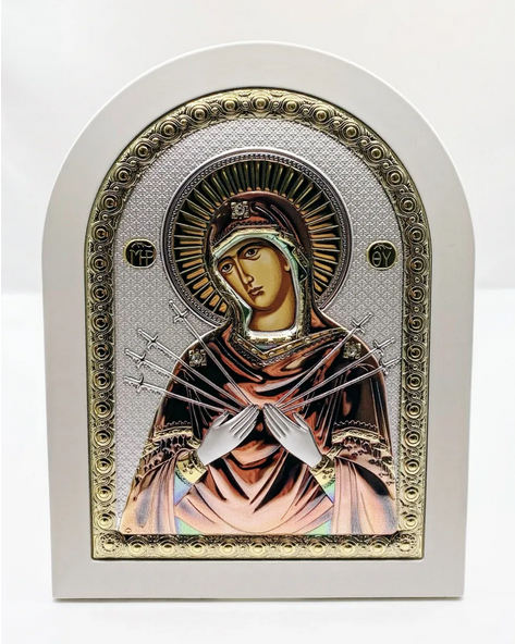 Virgin Mary with Seven Swords - White Wooden Arch Frame