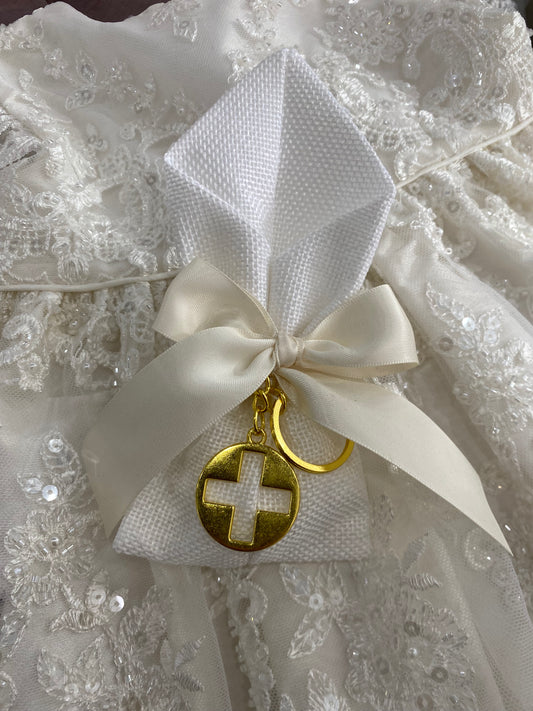 Bomboniere - Gold Cross Keyring on Jute Pouch