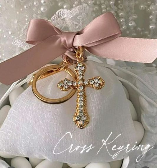 Bomboniere - Gold Orthodox Cross Keyring on Lace Top Pouch