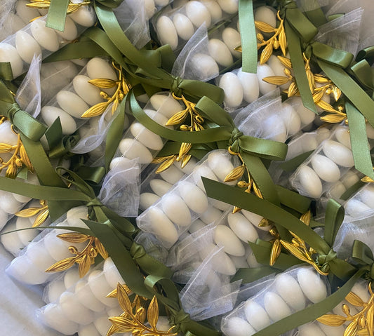 White Slimline Organza Pouch with Gold Olive Branch Bombonerie