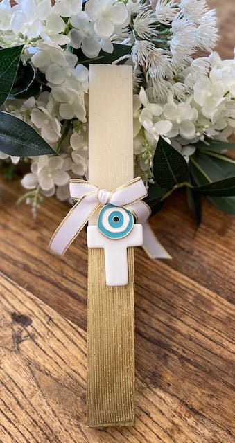 Easter Candle - White Cross and Blue Mati Charm | Pandora Designs Melbourne