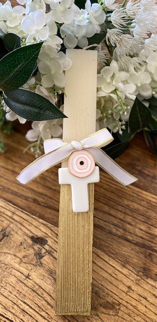 Easter Candle - White Cross and Pink Mati Charm - 1