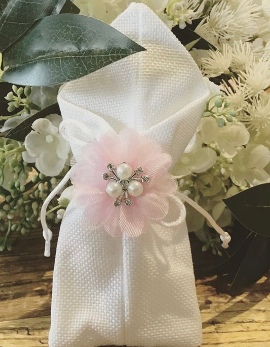 Bomboniere - Pink Pearl Flower on Jute Pouch - 1