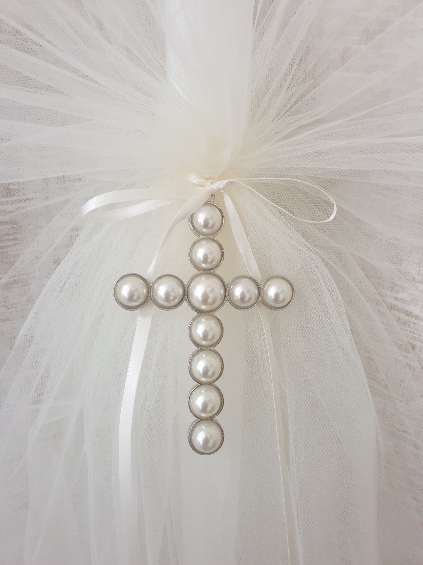 Orthodox Christening Candle - Large Pearl Cross | Pandora Designs Melbourne