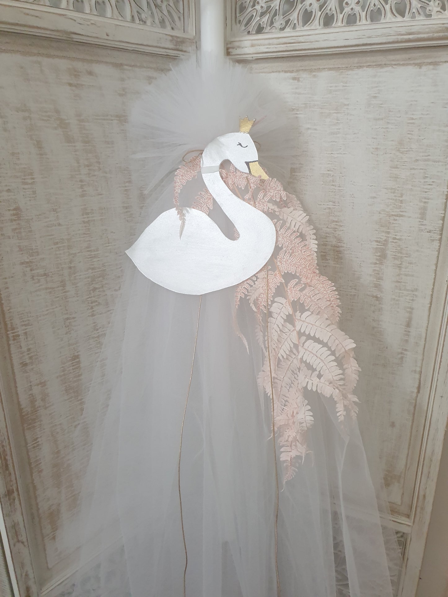 Orthodox Christening Candle - Swan with Pink Fern