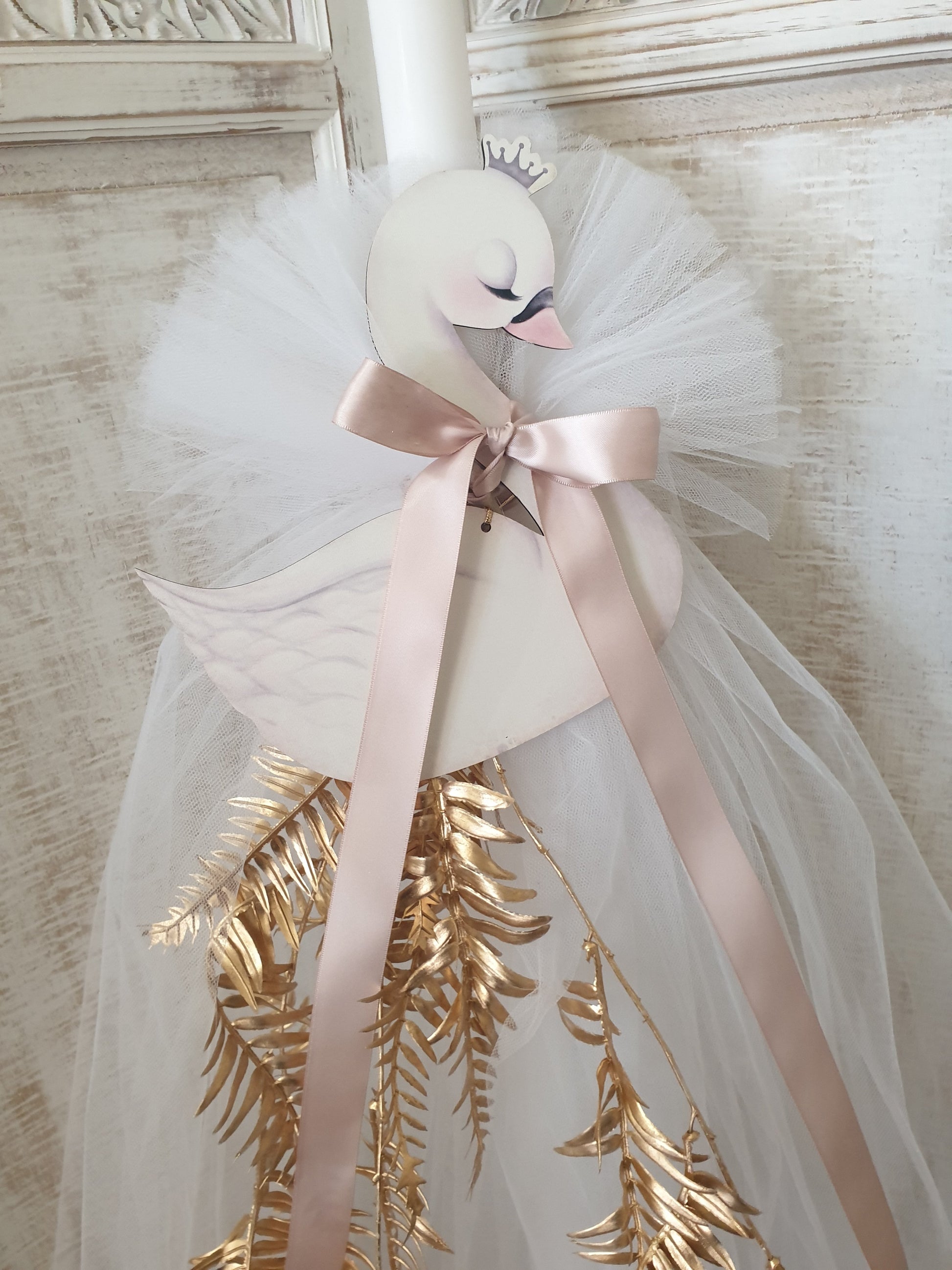Orthodox Christening Candle - Swan with Gold Fern | Pandora Designs Melbourne