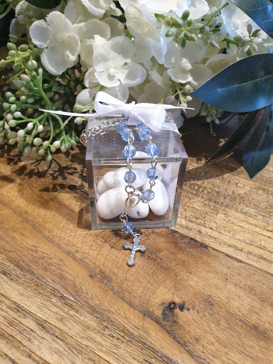Bomboniere - Baby Blue Rosary on Small Acrylic Box