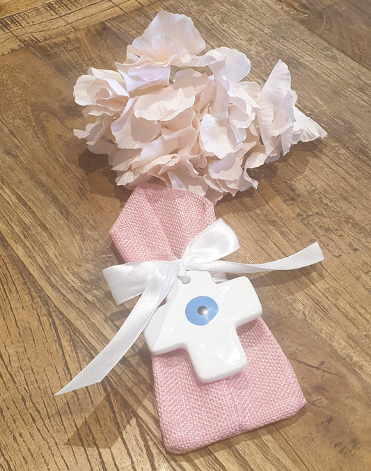 Bomboniere - Ceramic Cross with Evil Eye on Jute Pouch - 0