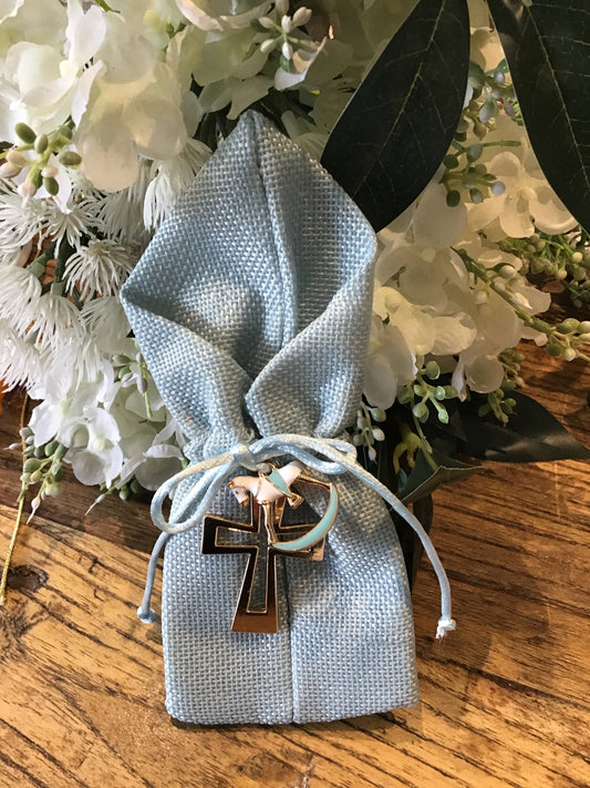 Bomboniere - Rose Gold Cross and Rocking Horse Charm Jute Pouch - 2