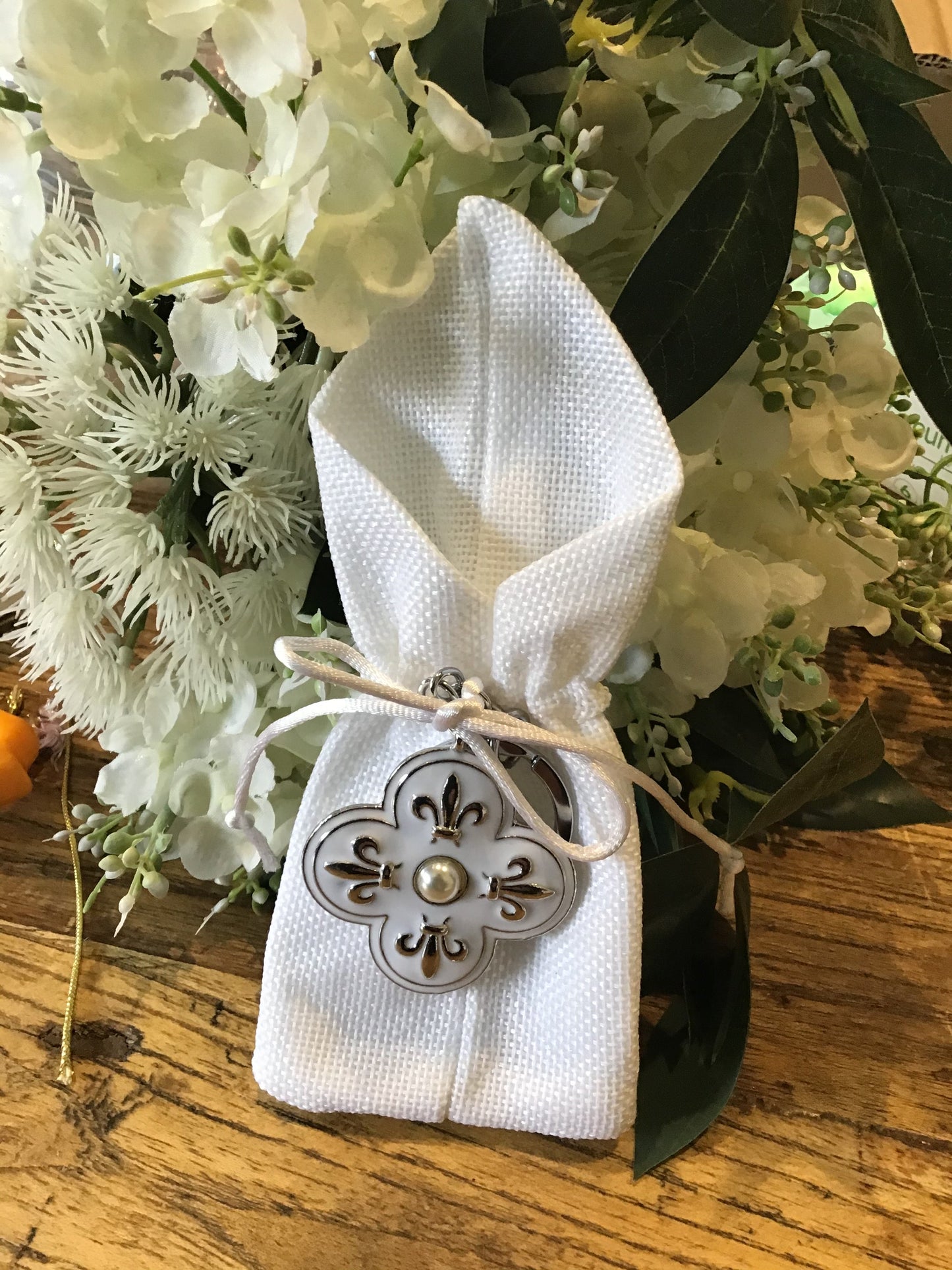 Bomboniere - White Cross with Pearl Centre Keyring on White Jute Pouch - 0