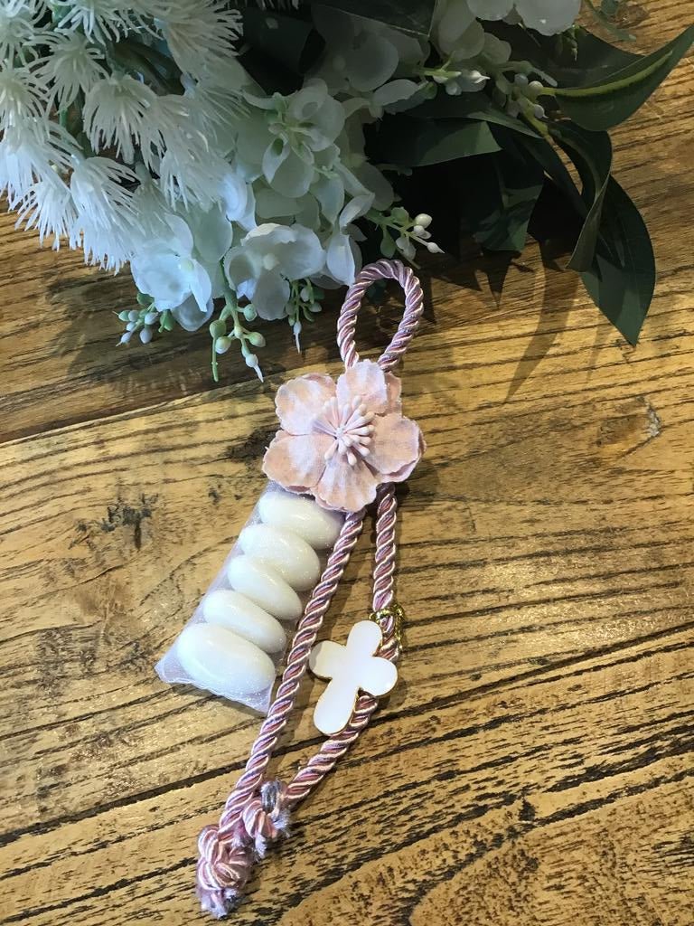 Bomboniere - Pink Flower and Cross Charm on Rope - 0