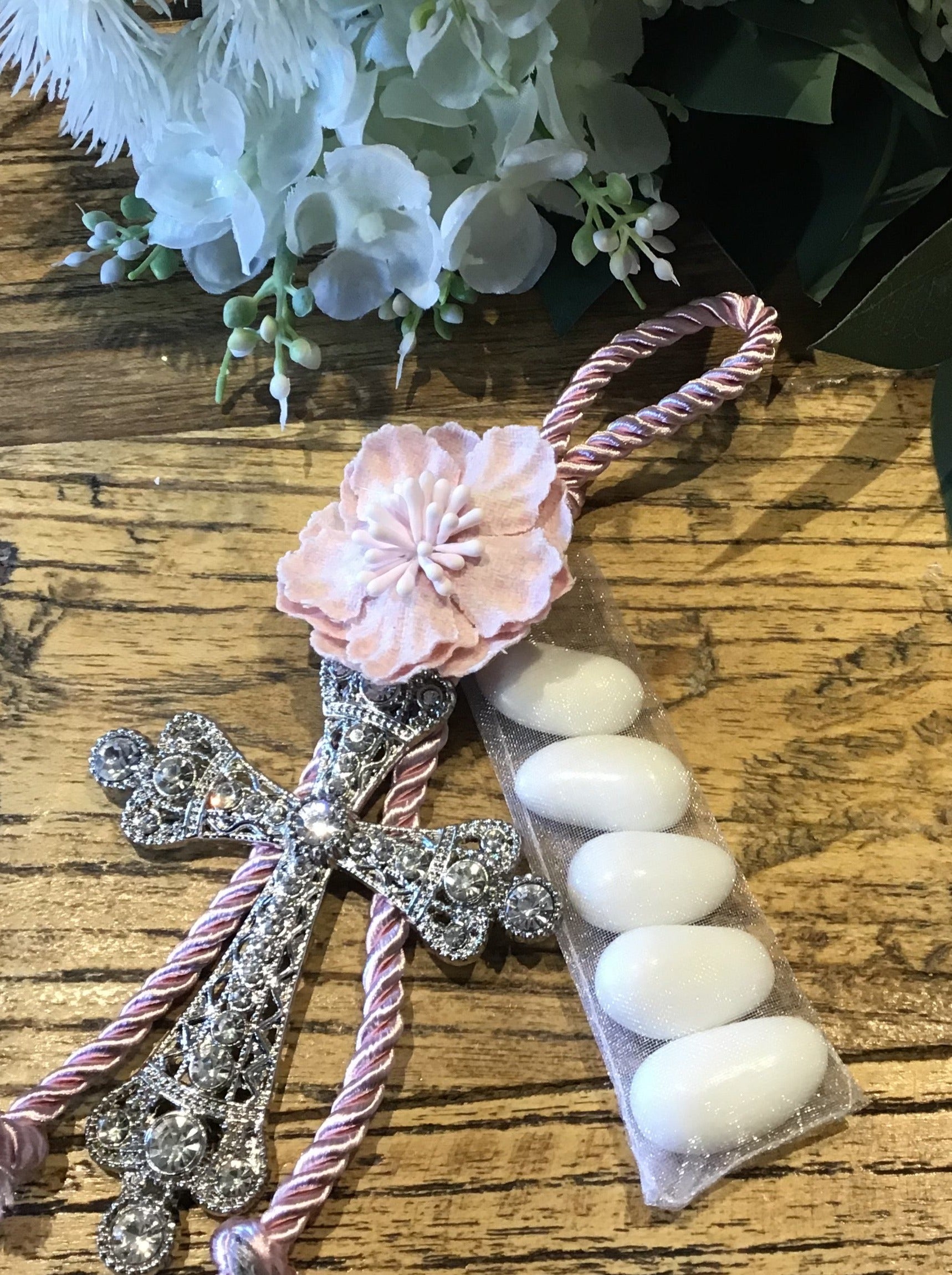 Bomboniere - Pink Flower and Large Diamonte Cross Charm on Rope - 0