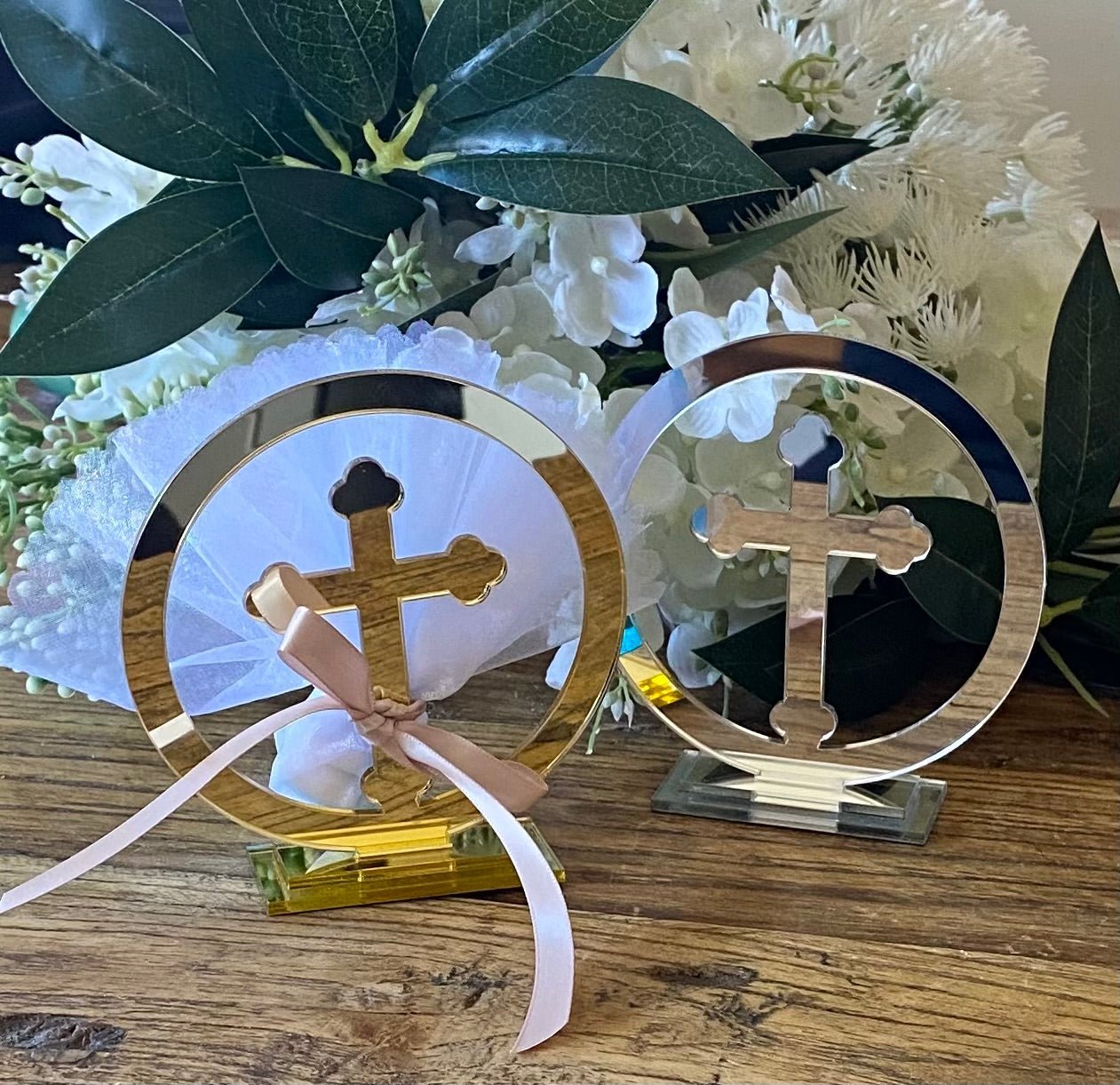 Bomboniere - Gold or Silver Acrylic Cross on Stand - 0