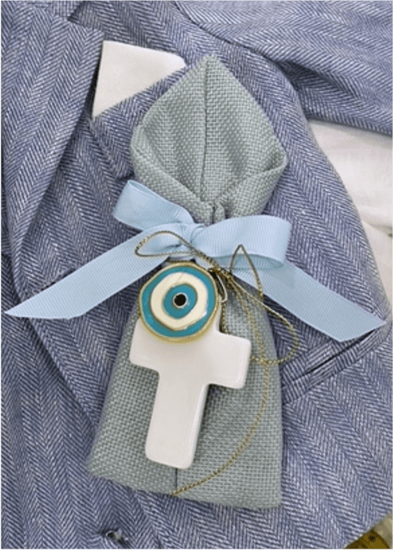 Bomboniere - Pastel Blue Pouch with White Cross and Mati Charm | Pandora Designs Melbourne