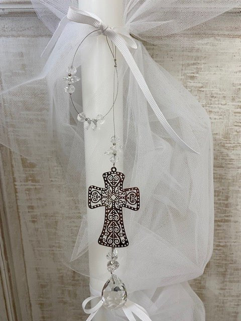 Orthodox Christening Candle - Crystals and Cross - 1