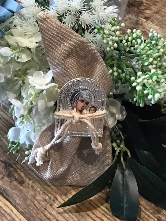 Bomboniere - Gold or Silver Icon on Hessian Pouch - 0