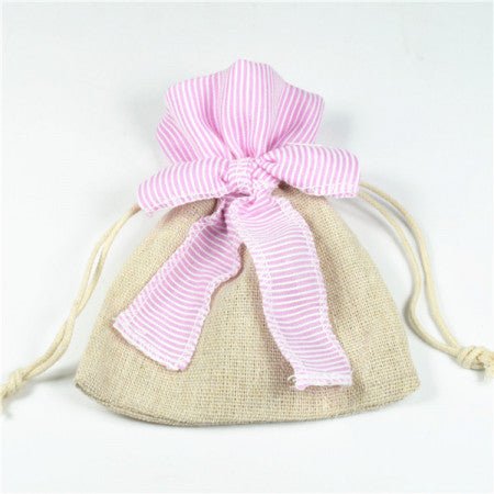 Pink Top Natural Brown Cotton Linen Favor Bag With Pink Bow - 0