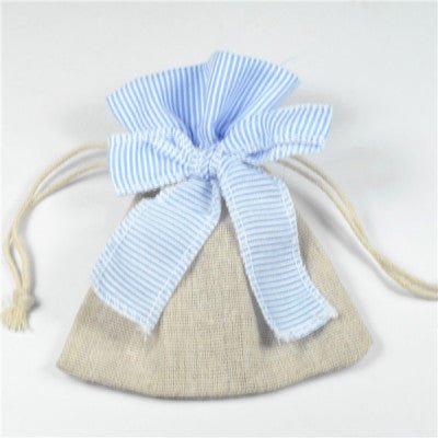 Blue Top Natural Brown Cotton Linen Favor Bag With Blue Bow | Pandora Designs Melbourne