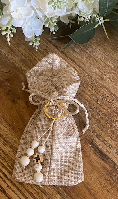 Bomboniere - White Beads with Cross Keyring on Jute Pouch - 0