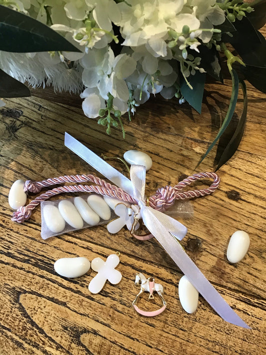 Bomboniere - Pink and Gold Rocking Horse/Cross Charm on Rope - 0
