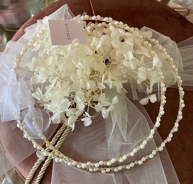 Wedding Crowns (Stefana) - Delicate Pearl & Clear Bead on Gold Band - 0