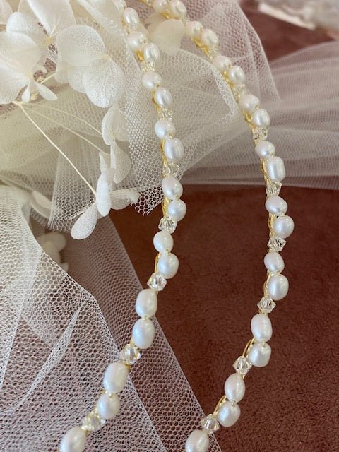 Wedding Crowns (Stefana) - Delicate Pearl & Clear Bead on Gold Band - 1