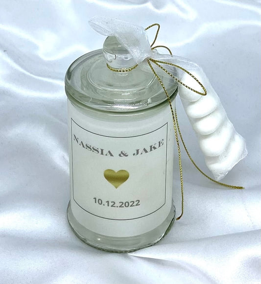 Bomboniere - Mini Candle Jar with Personalised Wrapper | Pandora Designs Melbourne