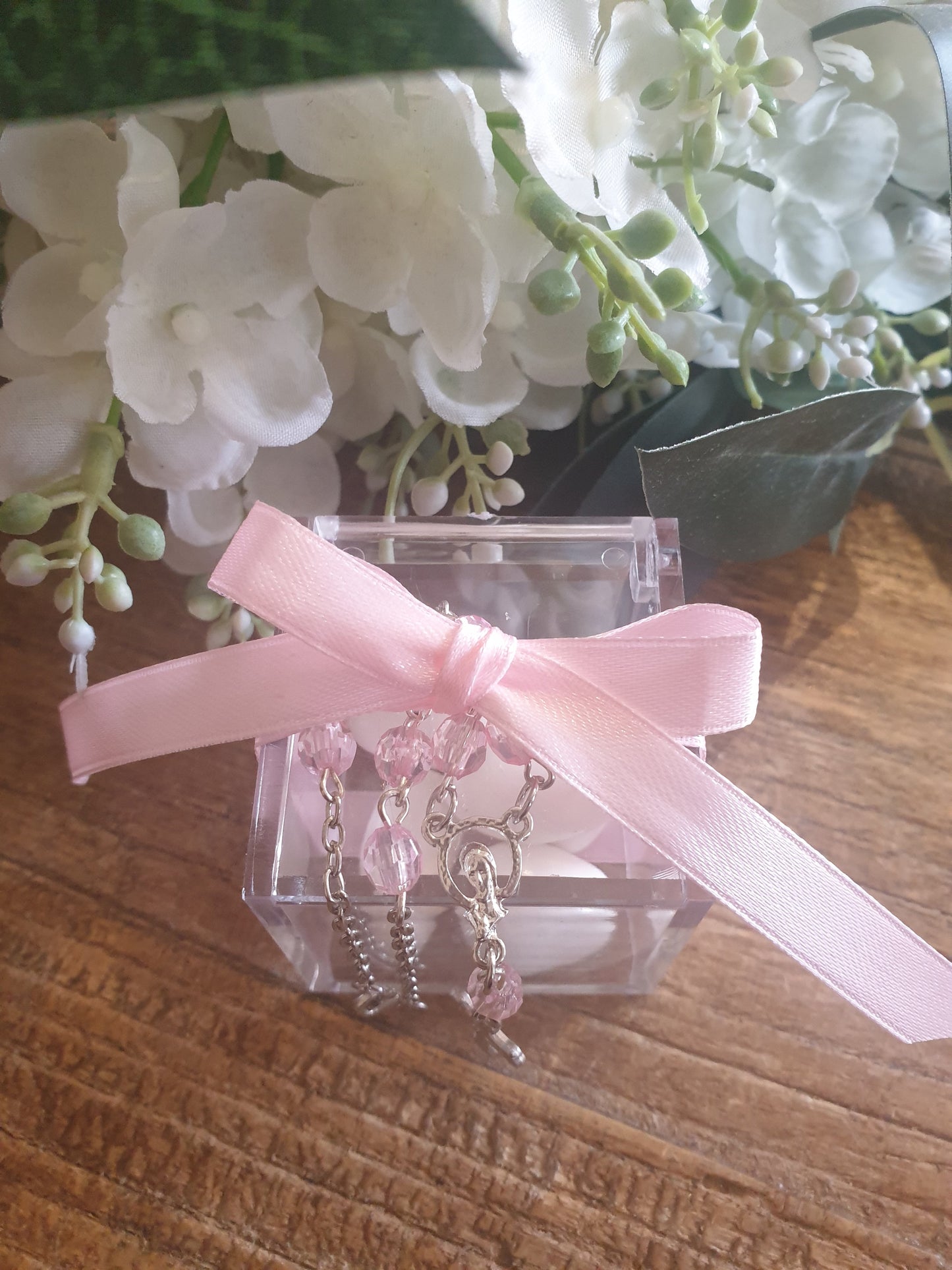 Acrylic Box with Pink Beaded Bracelet Rosary | Pandora Designs Melbourne