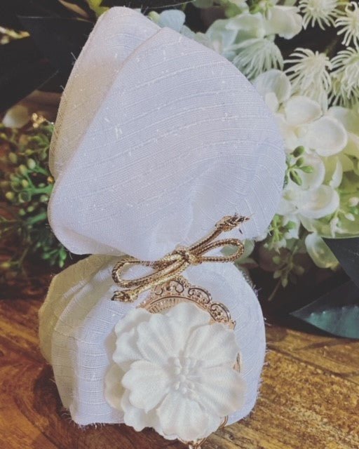 Bomboniere - Pouch with Rose Gold Embellishment and Flower. | Pandora Designs Melbourne
