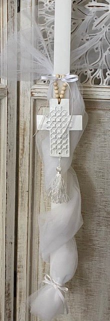 Orthodox Christening Candle - Wooden Cross and Beads - 0